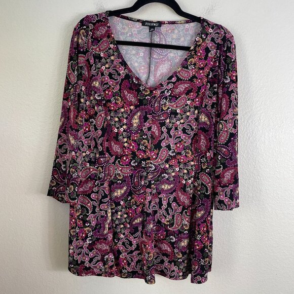 Roz & Ali Womens Plus 2X Paisley Floral Tunic Swing Top V Neck Stretch Shirt - Picture 1 of 7